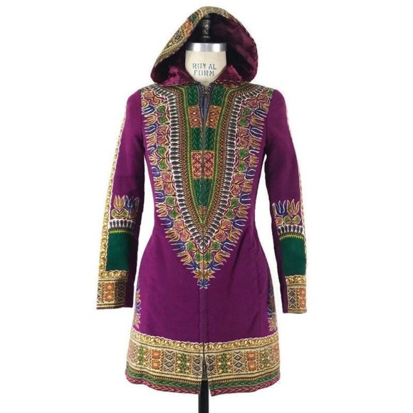 Vintage 70s Hippie Jacket Dashiki Print Purple Utex Hooded Coat - Picture 1 of 9